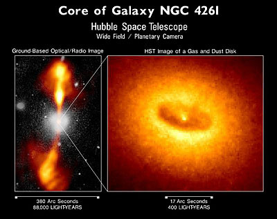 Figure 3: Radio and optical images showing bipolar jets and the dusty ring surrounding the ~ 1.2 x 10^9 M¤ supermassive black hole in NGC 426.